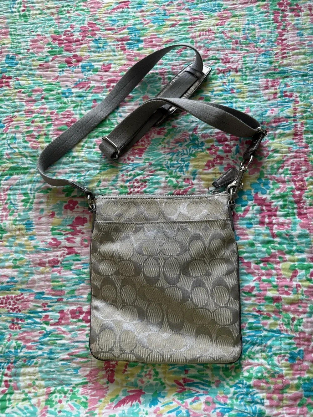 Coach Khaki and Metallic Silver Crossbody Bag